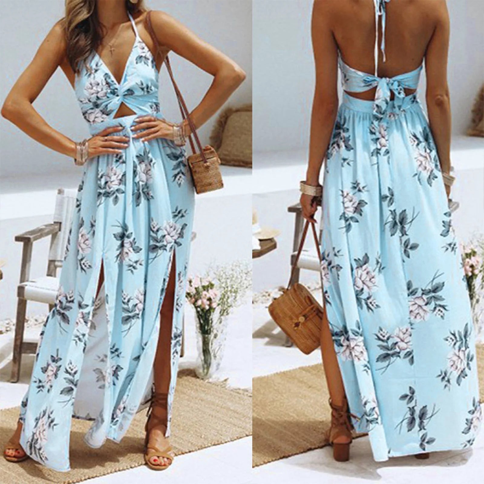 Floral Backless Bow Dresses